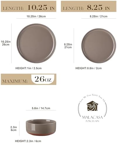 MALACASA 18 Piece Dinnerware Set Tara Brown Modern Ceramic Plates Bowls