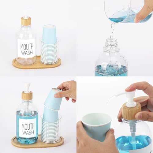 Bamboo Mouthwash Dispenser with Cup Holder and Tray