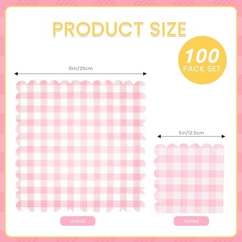100 Pcs Pink Gingham Cocktail Napkins 5x5 Inches Scalloped