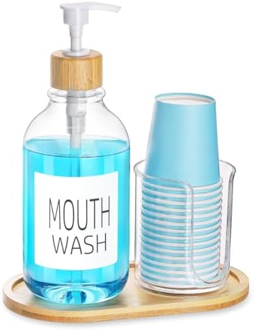 Bamboo Mouthwash Dispenser with Cup Holder and Tray