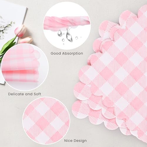 100 Pcs Pink Gingham Cocktail Napkins 5x5 Inches Scalloped