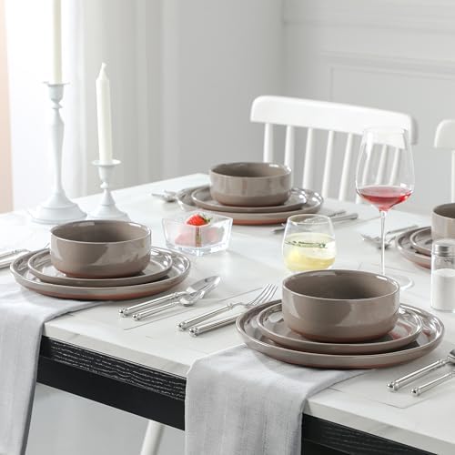 MALACASA 18 Piece Dinnerware Set Tara Brown Modern Ceramic Plates Bowls