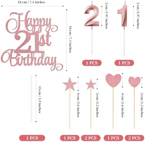 21st Birthday Cake Toppers Set with Glitter Decorations Rose Gold