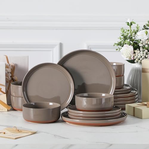 MALACASA 18 Piece Dinnerware Set Tara Brown Modern Ceramic Plates Bowls