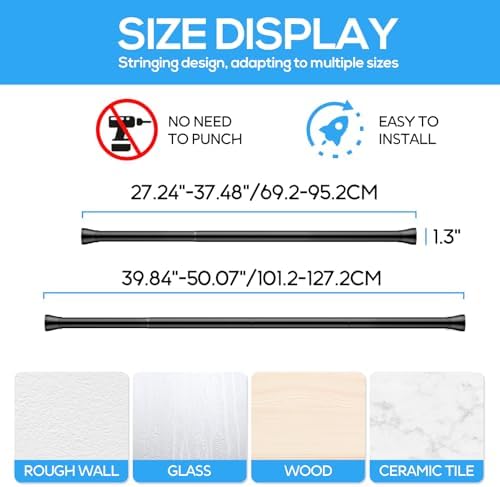 ZipGlo Black Tension Curtain Rod 28-48 Inch Adjustable No Drilling