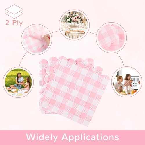 100 Pcs Pink Gingham Cocktail Napkins 5x5 Inches Scalloped
