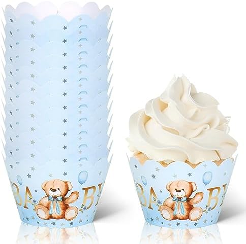 Whaline 36Pcs Blue Bear Cupcake Wrappers Baking Liners