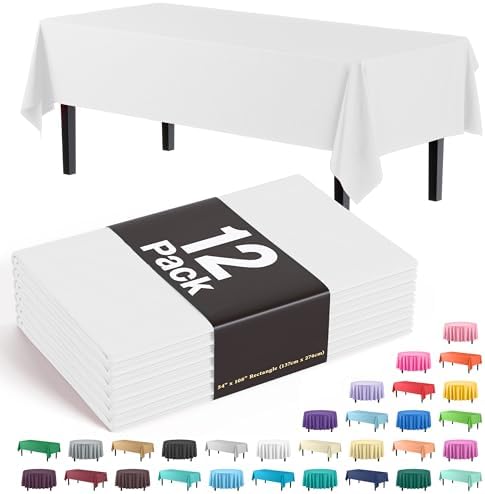 Exquisite 12-Pack White Plastic Tablecloth 54x108 Inch Rectangle
