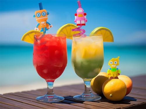 24 Packs Robot Themed Reusable Plastic Straws for Birthday Party Favors