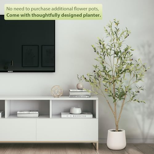Vivatrees 6FT Artificial Olive Tree with White Planter