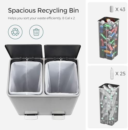 SONGMICS Trash Can with 2 Compartments and Hinged Lids