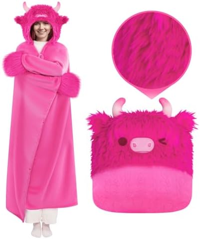 Ultimate Softness Highland Cow Hoodie Blanket - Cozy Flannel Wearable Blanket for Women