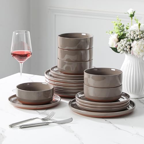 MALACASA 18 Piece Dinnerware Set Tara Brown Modern Ceramic Plates Bowls