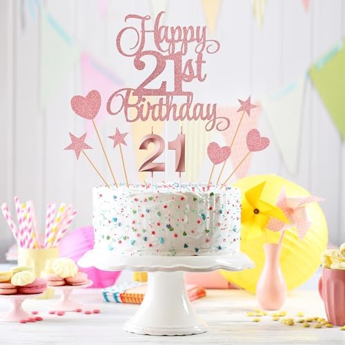 21st Birthday Cake Toppers Set with Glitter Decorations Rose Gold