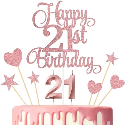 21st Birthday Cake Toppers Set with Glitter Decorations Rose Gold