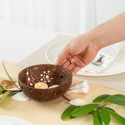 Restaurantware Coco Casa Coconut Shell Candle Holder Sun Pattern Handcrafted