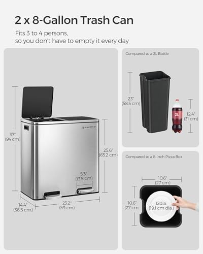 SONGMICS Trash Can with 2 Compartments and Hinged Lids