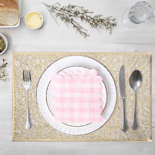 100 Pcs Pink Gingham Cocktail Napkins 5x5 Inches Scalloped