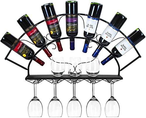 Sorbus Wall Mounted Wine Rack - Holds 7 Bottles and 5 Glasses - Black