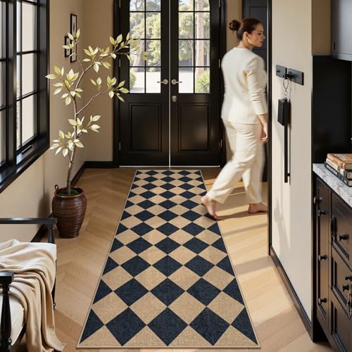 Lahome Checkered Jute Look Runner Rug 2x8 Non Slip Washable
