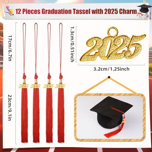 2025 Gold Charm Tassel Set for Graduation Cap - 12 Pieces Red