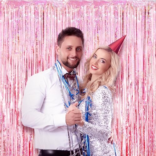 2 Pack Laser Pink Tinsel Foil Fringe Curtains