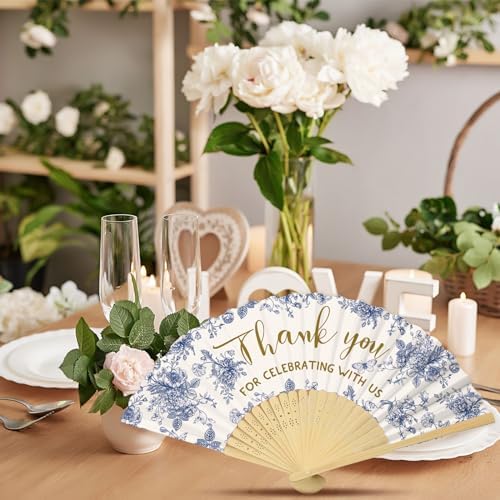 50 Pcs Blue White Flowers Foldable Wedding Fans with Organza Bags