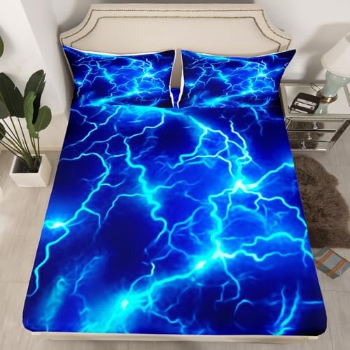 Feelyou Kids Toddler Blue Lightning Bed Sheet Set with Deep Pocket