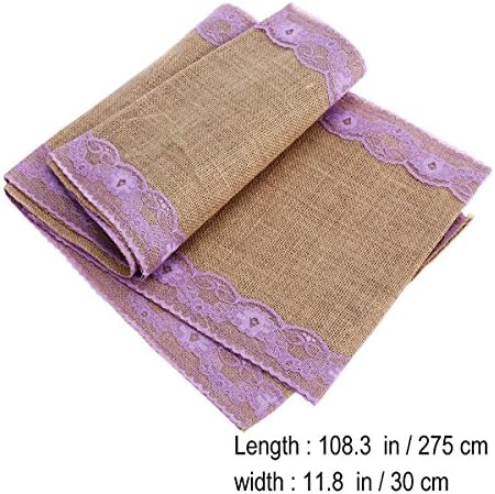 Rustic Brown Linen Table Runner with Purple Lace Design