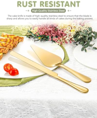 FTAKRY 13-Inch Cake Cutting Set with Server Gold