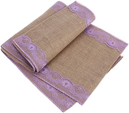 Rustic Brown Linen Table Runner with Purple Lace Design