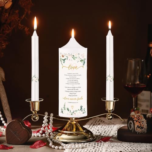 Landhoow 3 Unity Floral Candles Wedding Set with Gold Holder