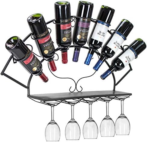 Sorbus Wall Mounted Wine Rack - Holds 7 Bottles and 5 Glasses - Black