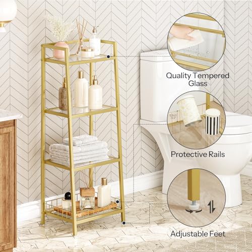 HOOBRO 4 Tier Gold Glass Shelf Stand for Bathroom