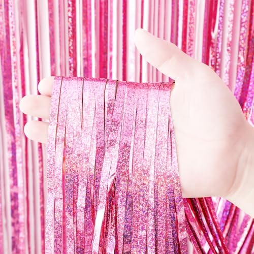 2 Pack Laser Pink Tinsel Foil Fringe Curtains