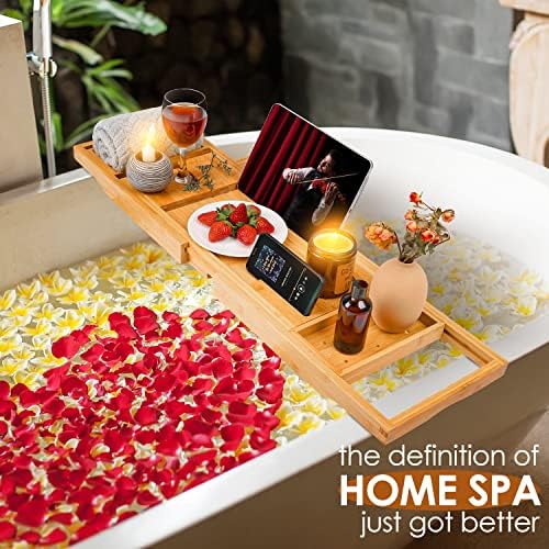 Beshof Foldable Bamboo Bathtub Tray with Holder