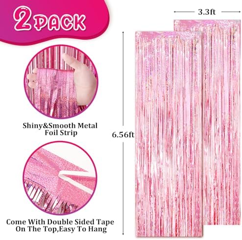 2 Pack Laser Pink Tinsel Foil Fringe Curtains