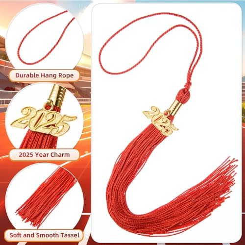 2025 Gold Charm Tassel Set for Graduation Cap - 12 Pieces Red