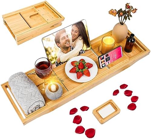 Beshof Foldable Bamboo Bathtub Tray with Holder