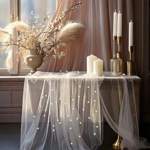 White Pearl Tulle Wedding Table Runner 118x28 Inches