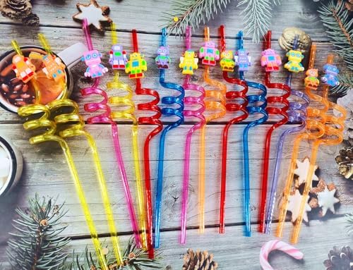 24 Packs Robot Themed Reusable Plastic Straws for Birthday Party Favors