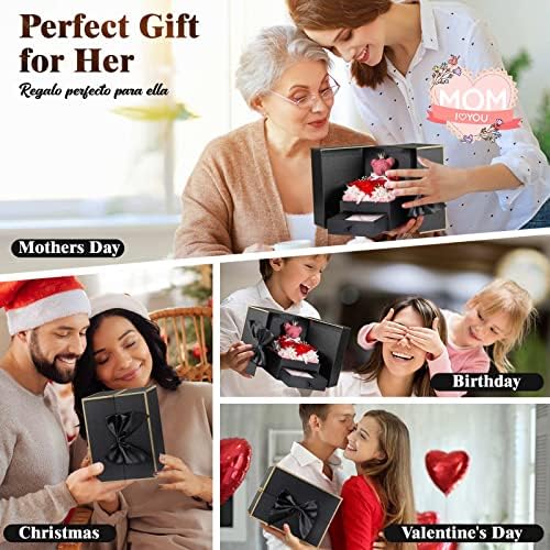 Cute Preserved Real Roses Bear Gift Box for Girlfriend with Initial Necklace