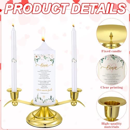 Landhoow 3 Unity Floral Candles Wedding Set with Gold Holder