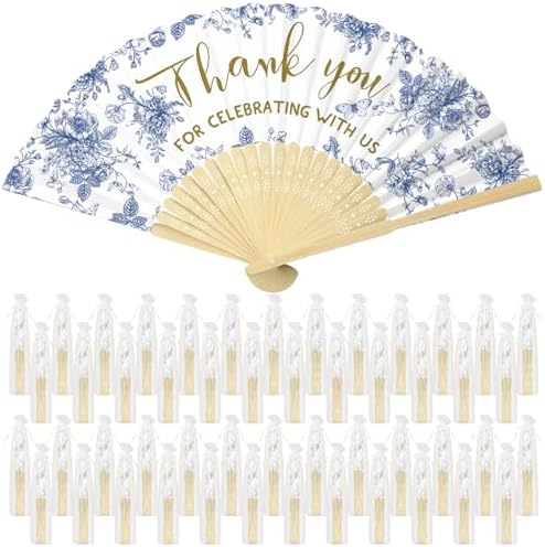 50 Pcs Blue White Flowers Foldable Wedding Fans with Organza Bags