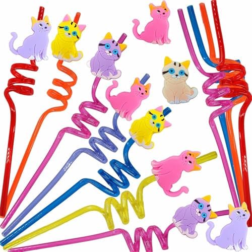24 Pack Cat Pattern Reusable Plastic Straws for Parties
