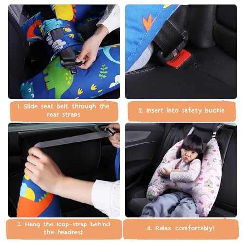 Travel Pillow for Kids 6 Years Old Dinosaur Cartoon Seatbelt Support