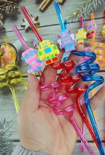 24 Packs Robot Themed Reusable Plastic Straws for Birthday Party Favors