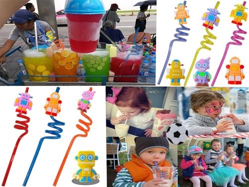 24 Packs Robot Themed Reusable Plastic Straws for Birthday Party Favors