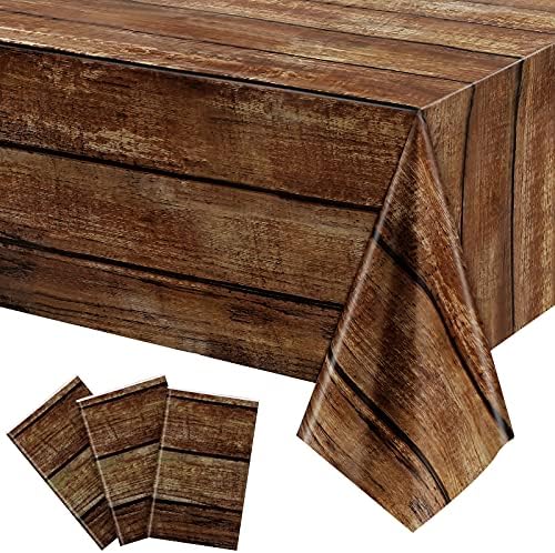 Irenare Rustic Plastic Table Covers 3 Pcs 54x108 Inches Brown Wood Grain