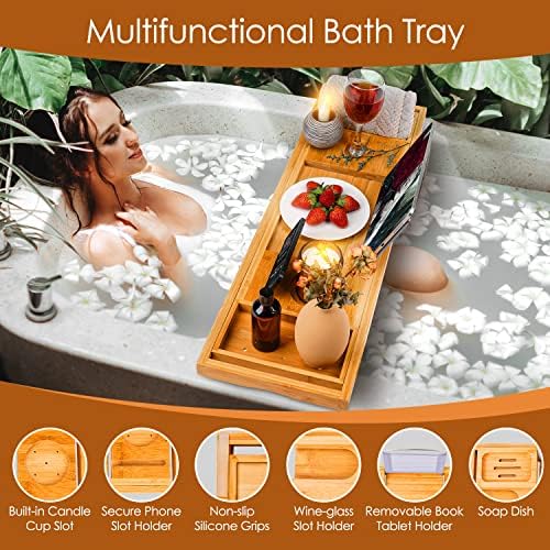 Beshof Foldable Bamboo Bathtub Tray with Holder
